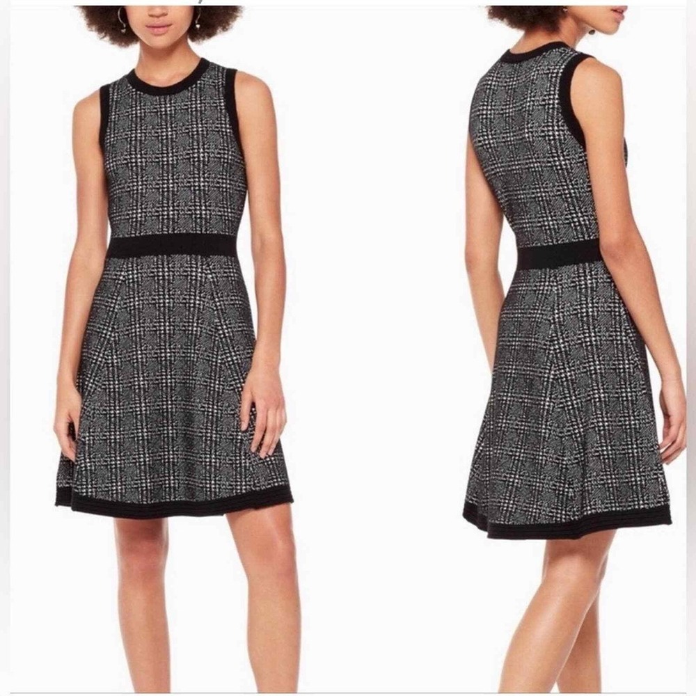 Kate Spade Black and White Plaid Knit Fit and Flare Sleeveless Dress Crew Neck M